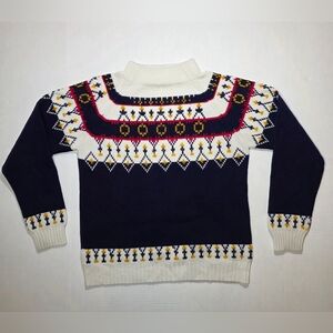 Vintage 70s JCPenney Fair Isle Sweater Navy Blue Mock Neck Nordic Ski Knit Med